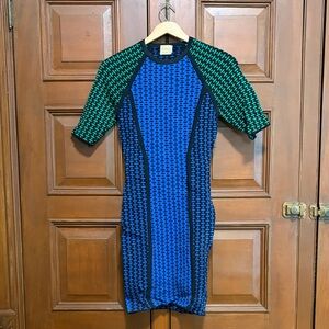 Ronny Kobo Blue and Green Patterned Short Sheath Dress